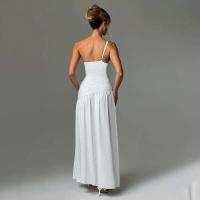 Verano 2024 Nuevo vestido largo ajustado con pliegues en los hombros y vestidos con dobladillo abierto en A para mujer - details 5