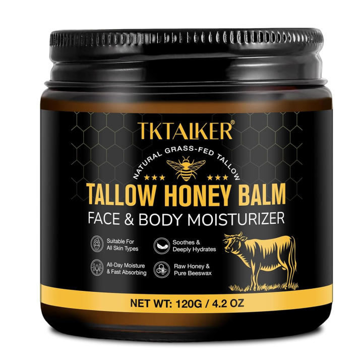 Skin, for Face, Hydrating Balm with and Beeswax, Grass-Fed Beef Tallow Raw Wild Honey Blend, Body & Face Moisturizer, Natural