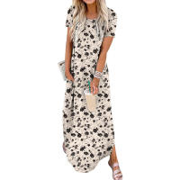 Vestido estilo camiseta con dobladillo curvado y cuello redondo con bolsillo liso para mujer, vestidos estilo francés para mujer, vestido largo informal y elegante de manga corta para verano, ropa de mujer para uso diario, vestidos de verano 2025 - details 0