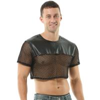 Tops cortos Hombre Malla sexy PU Lencería de cuero Manga corta Músculo Mini chaleco Sujetadores Clubwear Escote en O Traje erótico - details 5