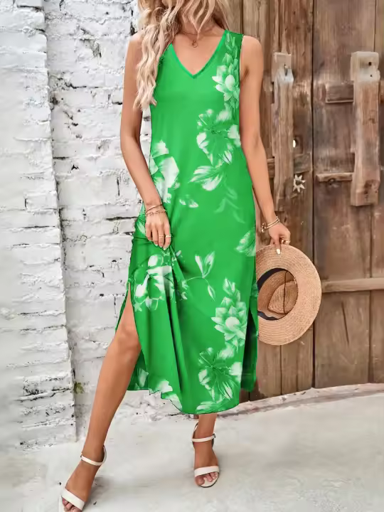 2025 Verano Nuevo vestido estampado con tirantes divididos y cuello en V - 1