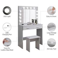 Juego de tocador gris con espejo de luces LED Hollywood