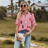 Camisa con estampado de plumas de tres cuartos y manga e para mujer, cuello en V, otoño, nueva - details 2