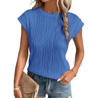 Camisetas con textura de manga corta para mujer, camisetas básicas informales holgadas de punto con cuello redondo, blusas - details 0
