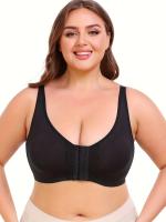 Sujetador deportivo para mujer de talla grande, con cierre frontal, cuello en V, poliéster elástico, color sólido con detalles de encaje, sin relleno, soporte bajo, tejido de punto, para correr y hacer ejercicio - details 5