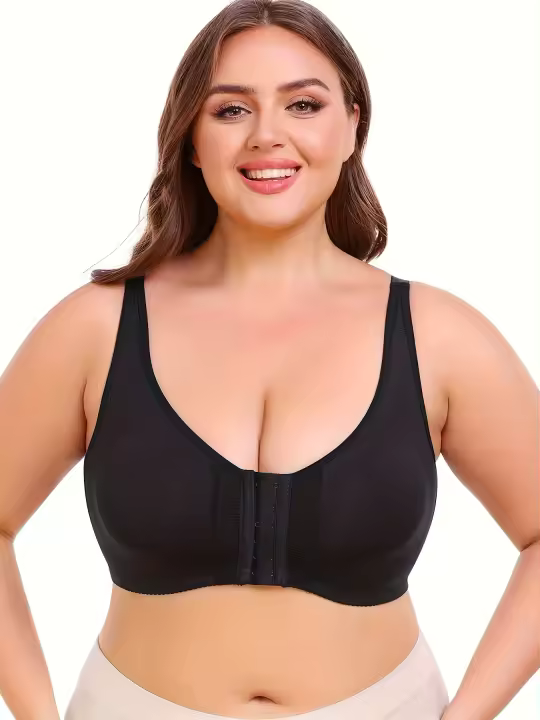 Sujetador deportivo para mujer de talla grande, con cierre frontal, cuello en V, poliéster elástico, color sólido con detalles de encaje, sin relleno, soporte bajo, tejido de punto, para correr y hacer ejercicio - 1