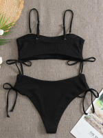 Bikini negro liso para mujer, traje de baño de dos piezas con Tanga de cintura alta y ribetes, 2024 - details 12