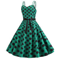 Vestido midi retro de fiesta con estampado de lunares, tirantes finos y cinturón para mujer - details 25