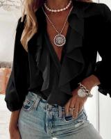 Tops cortos de verano y otoño, camisas, canalé y botones para mujer, camisa informal de manga larga con cuello en V para adultos - details 11