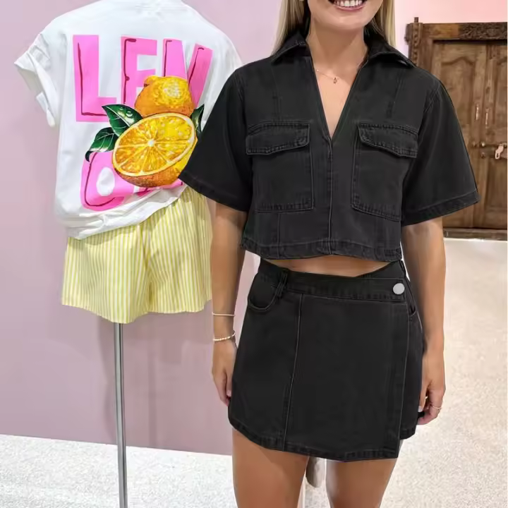 Ropa de trabajo Traje de mezclilla Falda Pantalones Top de manga corta Verano Mujer Chica caliente Cintura alta Irregular - 1