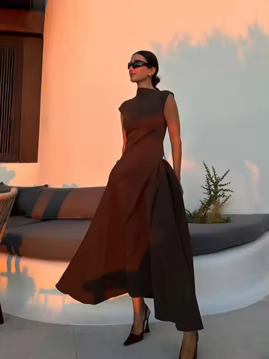 2025 verano sólido dobladillo Irregular Patchwork cuello redondo noche mujeres Vestidos contrastantes Mujer elegante Vestidos de fiesta - 1