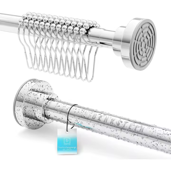 Benkstein ®   Barra de ducha extensible sin agujeros, 125-220 cm, acero inoxidable, 12 anillas, barra de sujeción telescópica, barra de cortina estable, sin agujeros, barra de ducha sin taladrar - 1