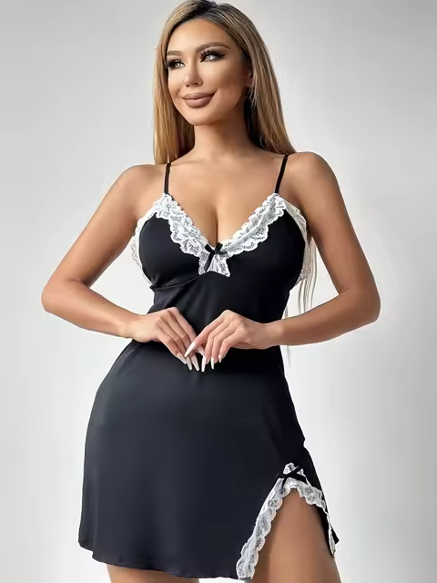 Camisón de mujer con cuello en V y abertura lateral para dormir - 1