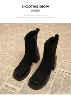Temperamento de cuero Botas cortas francesas de tacón alto Cabeza cuadrada Tacón grueso Botas delgadas elásticas - details 14