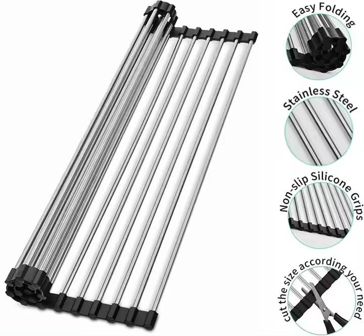 Soporte de Acero Inoxidable Baifeng para Fregadero Secador de Rollos Plegable y Extraíble Cesta de Malla de Dren Material de Cocina: Acero Inoxidable - 1