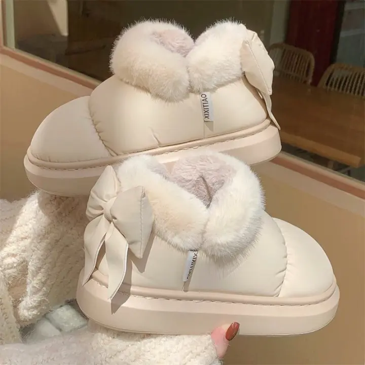 Botas de nieve cortas con nudo de lazo para mujer, zapatos de invierno de felpa y aislamiento, impermeables, de algodón, para el hogar - 1