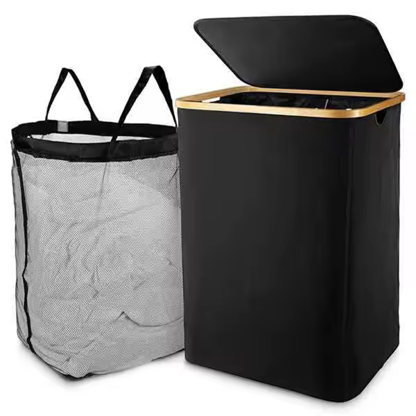 Cesta de lavandería negra con tapa, bolsa de lavandería extraíble, clasificador de ropa sucia para baño y dormitorio - 1