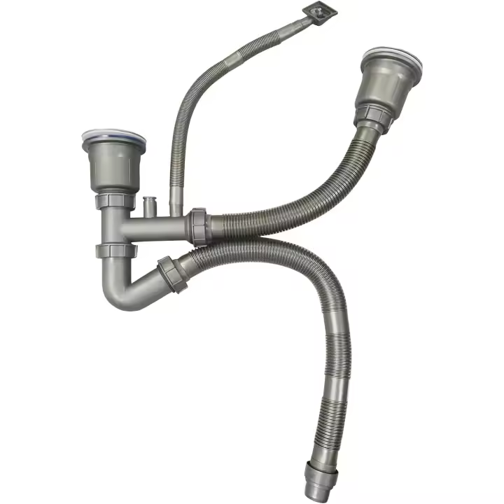 Tubo de drenaje de doble fregadero, trampa para residuos, 58mm de diámetro, Flexible, Material: Polipropileno, peso de 900g, gris - 1
