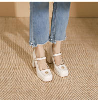 Zapatos de punta cuadrada con tacón grueso y tacón alto plano con hebilla de flor pequeña - details 18