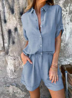 Conjunto casual de verano 2024 TEMU de algodón y lino con pantalones cortos y manga corta para mujer - details 9