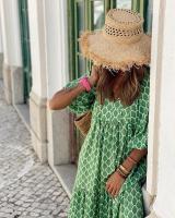 Verde Floral suelto de las mujeres Maxi vestido de verano Boho Vestido de manga abullonada con estampado geométrico - details 6
