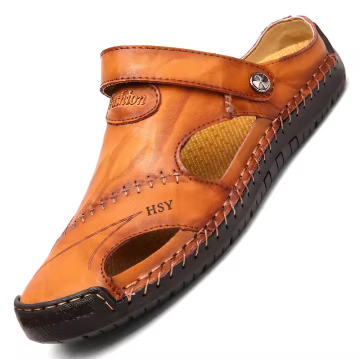 Sandalias informales de cuero para hombre, zapatos de senderismo de pescador con punta cerrada para exteriores - 1
