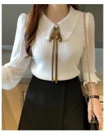 2025 otoño mujer gasa Patchwork suéter manga linterna cuello vuelto jersey con botones mujer Oficina señora suéter invierno - details 5