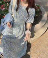 Vestido corpiño con mangas florales frescas para mujer, vestido largo romántico de estilo francés con temperamento suave, tejido de poliéster estampado - details 10