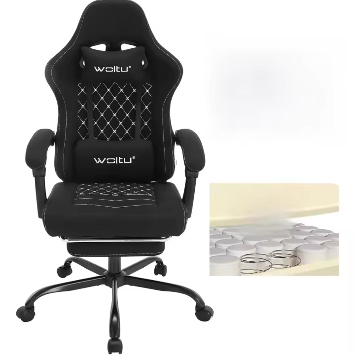 Silla Gaming Ergonómica, Silla Oficina con Soporte Lumbar Masaje y Reposapiés Extraible, Silla Giratoria con Gran Asiento de Muelle, Capacidad de 150 kg, Tela de Malla, Negro+Blanco, GS08sz - 1