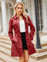 Gabardina cortavientos de piel sintética para mujer, chaquetas con cinturón, abrigo largo medio - details 14