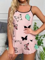 Conjunto de pijamas con estampado de mariposas para mujer, camisola informal a cuadros a la moda, pantalones cortos para mujer - details 5