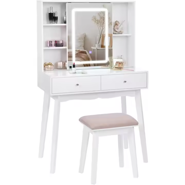 Tocador de Maquillaje con Luz, Brillo Ajustable, Mesa Cosmética con Espejo Deslizante, Tocador Pequeño con Taburete 2 Cajones Blanco EFST15M - 1