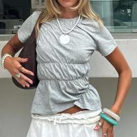 Camiseta elegante de verano Y2k para mujer, camisetas básicas de manga corta con cuello redondo arrugado, ropa de calle estética - details 1