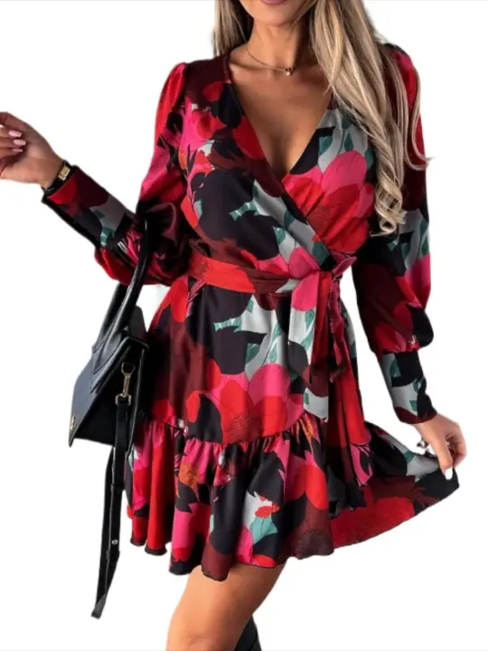 Elegante Vestido Corto de Encaje con Volantes Moda 2025 para Mujeres Vestido Largo de Manga Completa - 1