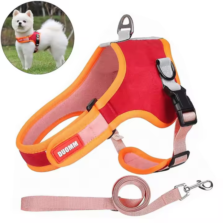 Dog Harness Leash Set Outdoor Reflective Breathable Adjustable Pet Vest, Red - 1