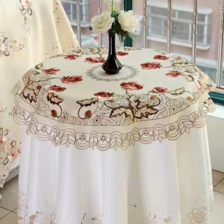 Elegante mantel artístico de tela bordada a la moda rosa S/M/L, mantel redondo de estilo rural moderno - 1