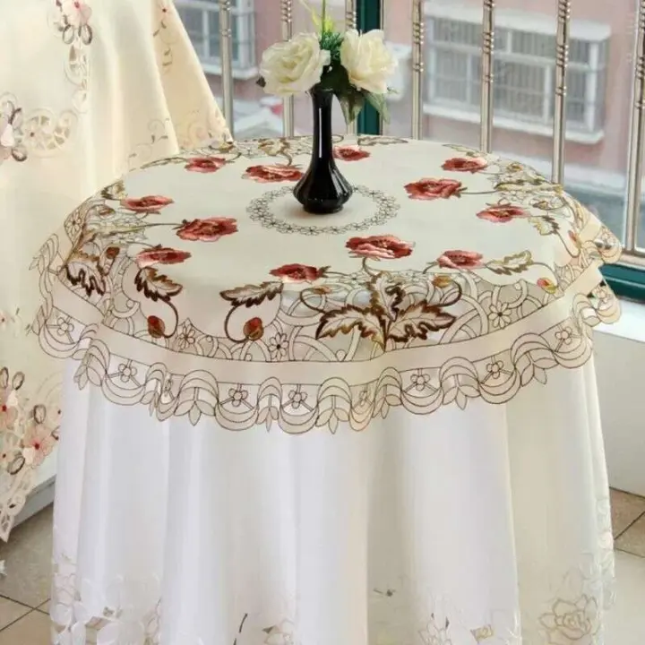 Elegante mantel artístico de tela bordada a la moda rosa S/M/L, mantel redondo de estilo rural moderno - 1