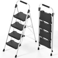Escalera Plegable 4 Peldaños, Carga hasta 400 kg, Escalera de Tijera con Pedales Antideslizantes Anchos, Barandilla, Escalón Robusto de Acero Hogar Oficina Jardín, Blanco - details 0