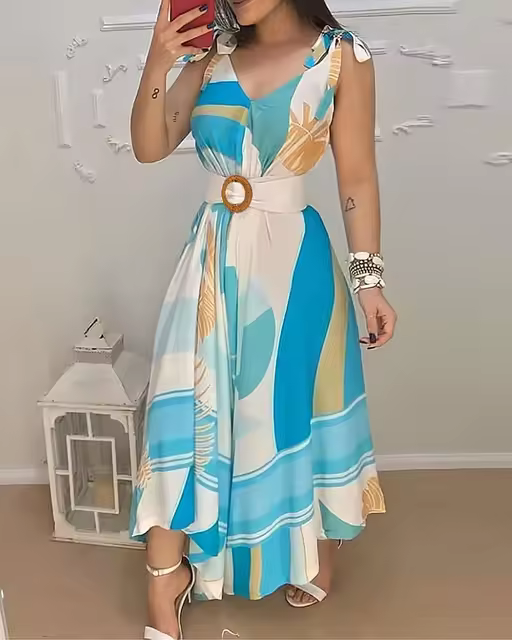 Vestido largo sin mangas para mujer, prenda estampada elegante, cuello en V, cinturón, informal, verano - 1