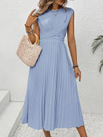 Vestido plisado de Color liso con tirantes y cuello redondo para mujer, Verano - details 3