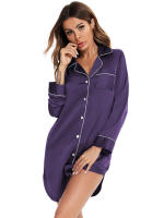 Blusa de noche para mujer Pijamas Ropa de dormir con botones Cuello en V Mangas largas Vestido de seda imitada Púrpura - details 6