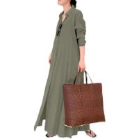 Vestidos sencillos e informales de Color liso para mujer, vestidos largos holgados con solapa y manga de un solo pecho, Vestidos para ir al trabajo - details 8