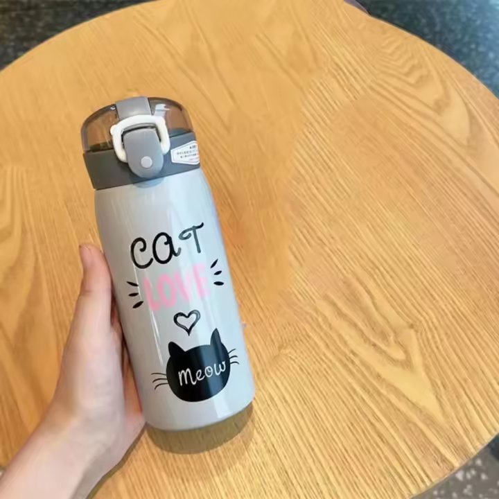 Bonita botella de agua térmica de gato de dibujos animados de 350ml/500ml, diseño de paja, termo a prueba de fugas, vaso aislado de acero inoxidable para coche - 1