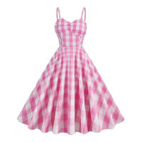 Hepburn-Vestido vintage a cuadros rosas, cuello halter de rayas de cintura alta, largo medio - details 0