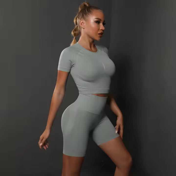 Conjunto de Shorts de Yoga de Algodón Melaleuca Sin Costuras Color Sólido Manga Corta - 1