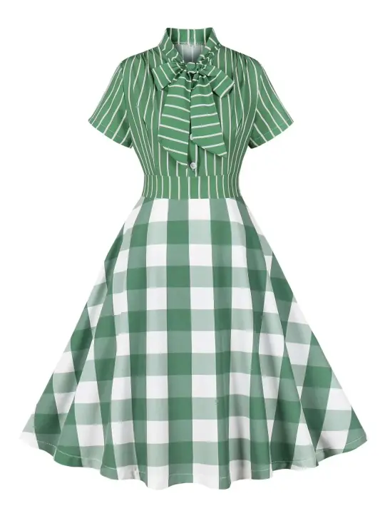 Vestido de Verano Retro Hepburn con Cuello de Lazo Araya a Rayas y Cuadros Vintage de la Decada de los 50-60 Moda de Mujer - 1