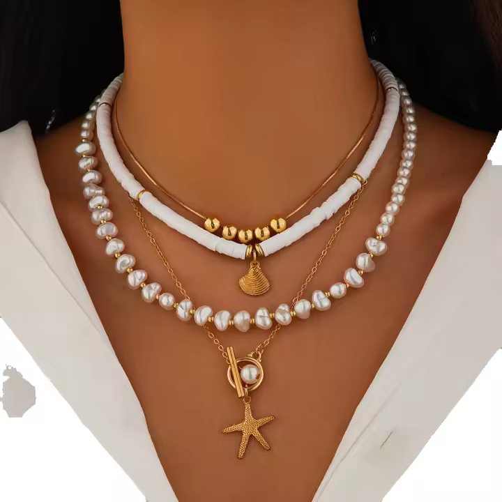 Collar de decoración de perlas de imitación, estrellas de mar y conchas estilo bohemio, joyería de moda para fiestas, decoración de ropa diaria, joyería exquisita y que combina con todo para regalo de cumpleaños, regalos para ella - 1