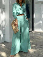 Women casual 2 pieces set elegant turn down collar long sleeve shirt and wide leg pants - details 6