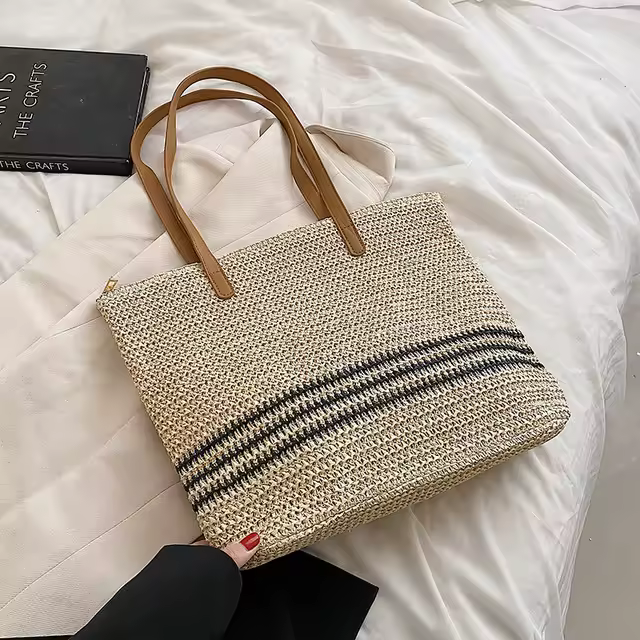 Bolso de hombro de paja a rayas de verano para mujer, bolso de mano de gran capacidad, bolso de viaje para playa, bolso de mano informal para compras, bolso de mano - 1