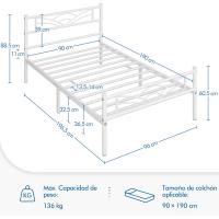 Cama Individual con Espacio Bajo Marco Metal Altura 32 cm Cama Individual con Cabecera para Colchón de 90 x 190 cm Blanco - details 1